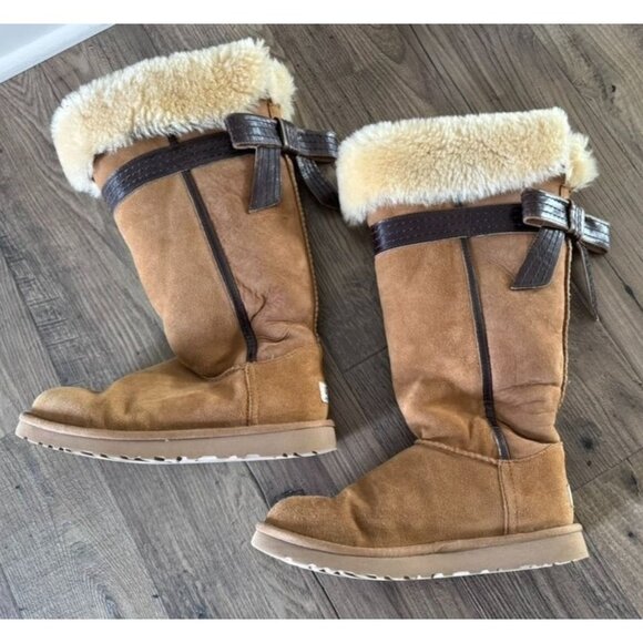 Ugg Genevieve Extra Tall Suede Shearling Boots Bow Back Chesnut Tan Women's 8 - Picture 2 of 9